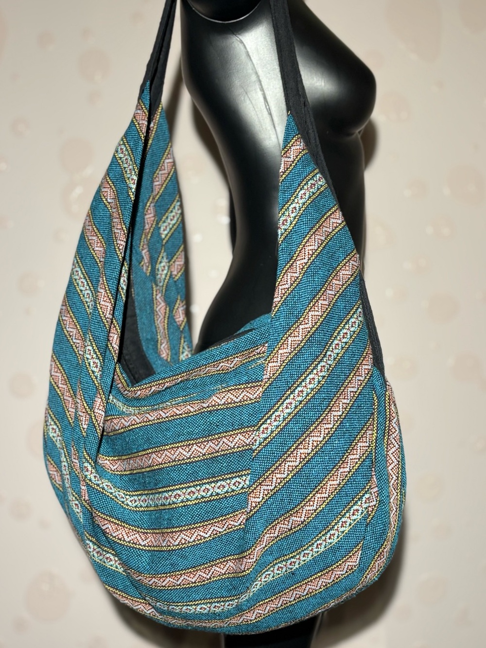 Authentic Made in Thailand Woven Cotton Hobo Bag – Teal Geometric Tribal Sling